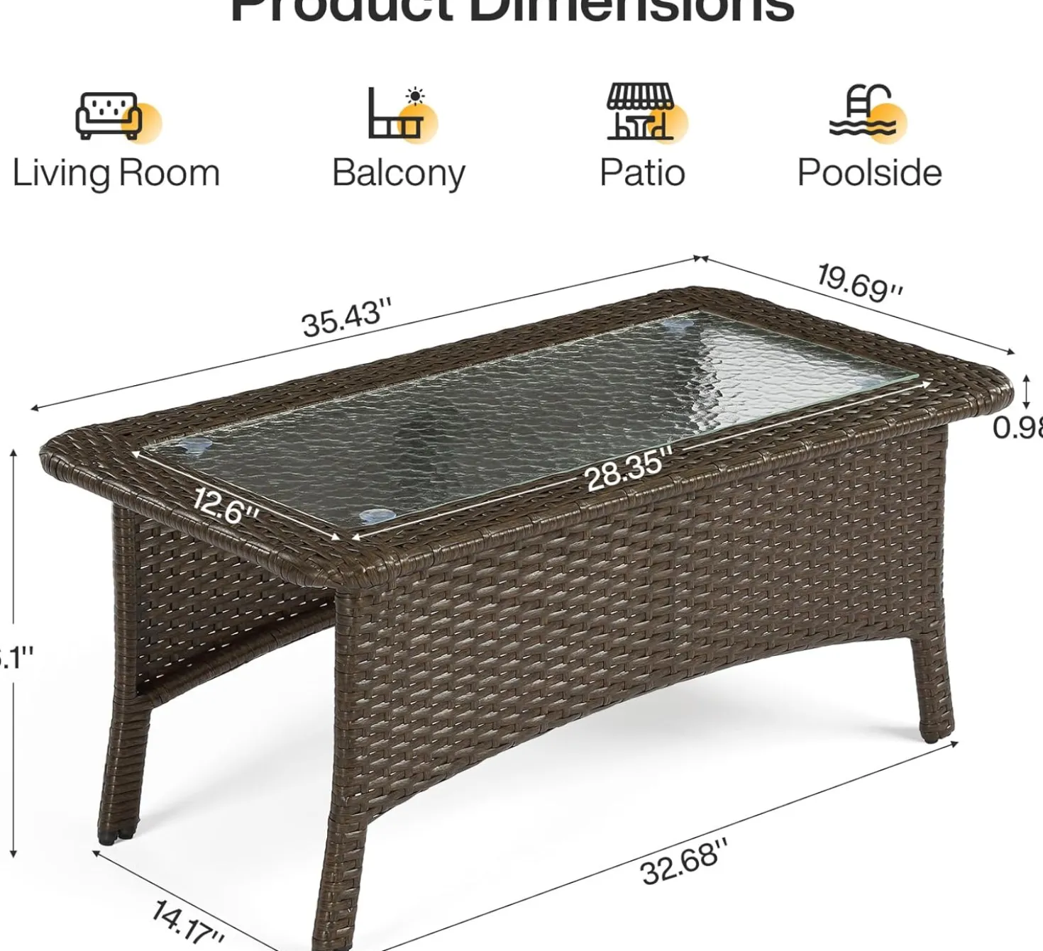 35.4" Outdoor Coffee Table, Rectangular Wicker Center Table With Glass Top