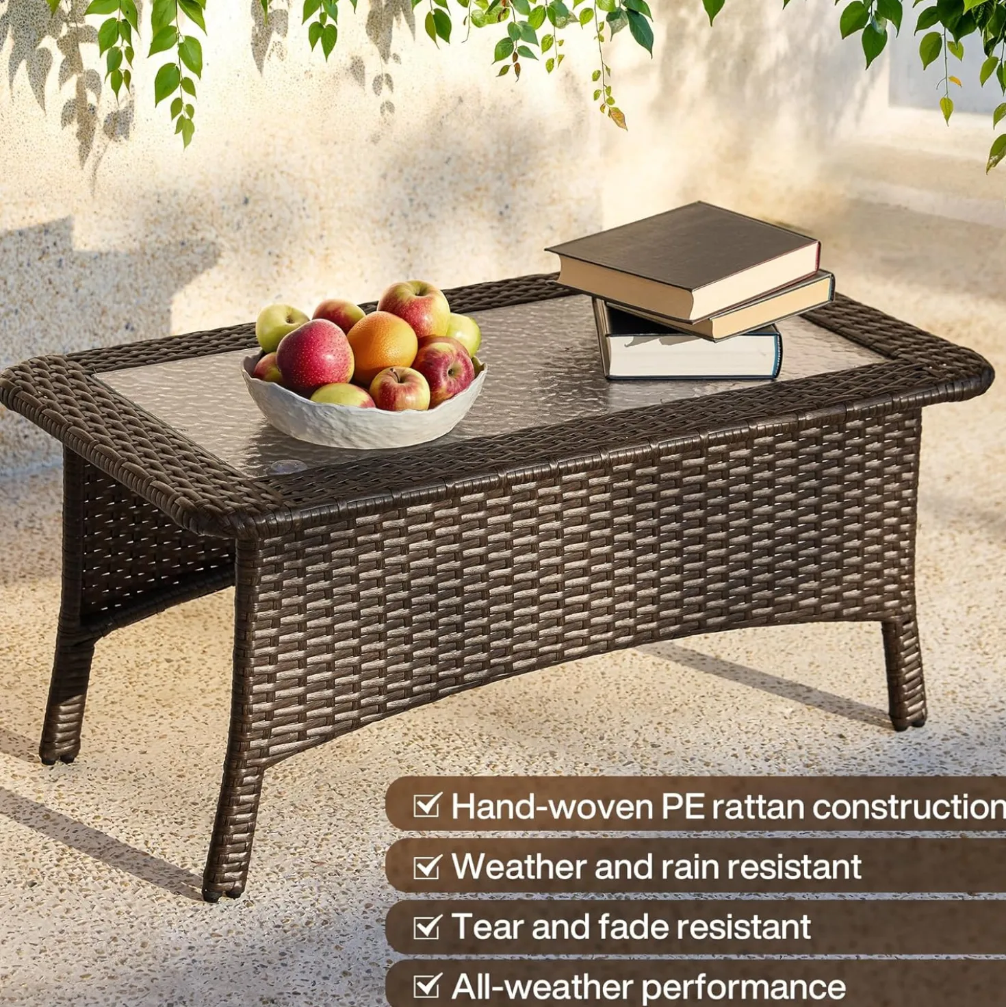 35.4" Outdoor Coffee Table, Rectangular Wicker Center Table With Glass Top
