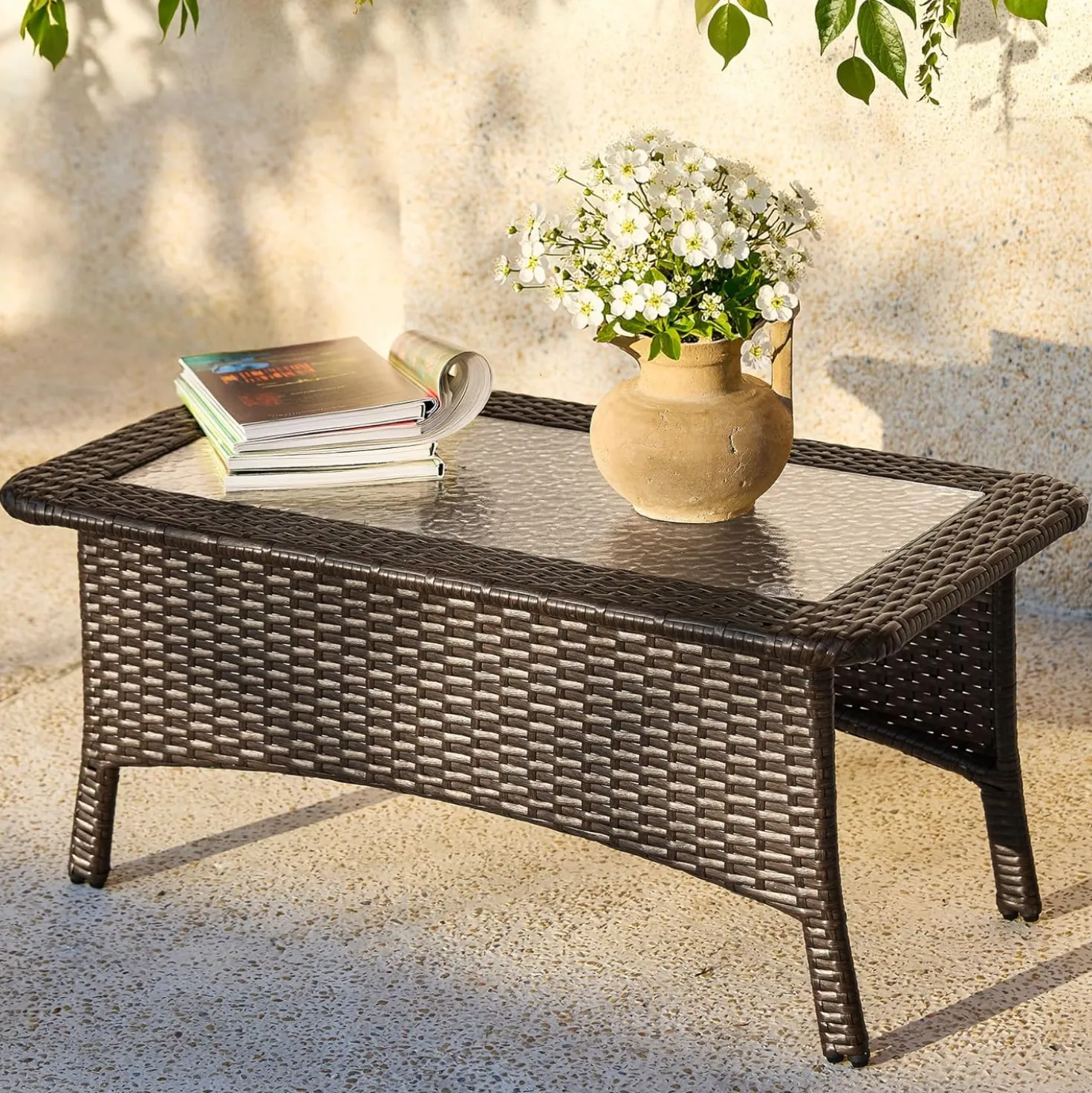 35.4" Outdoor Coffee Table, Rectangular Wicker Center Table With Glass Top