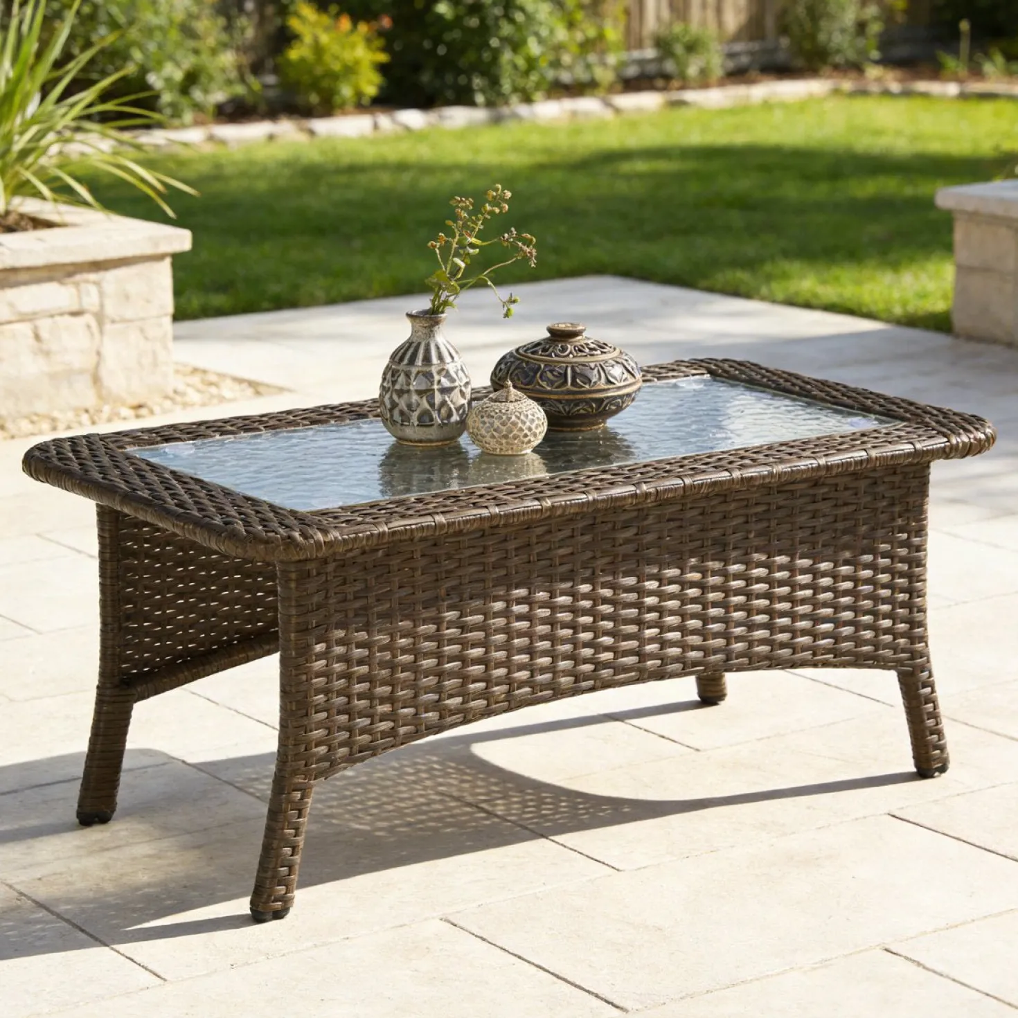 35.4" Outdoor Coffee Table, Rectangular Wicker Center Table With Glass Top