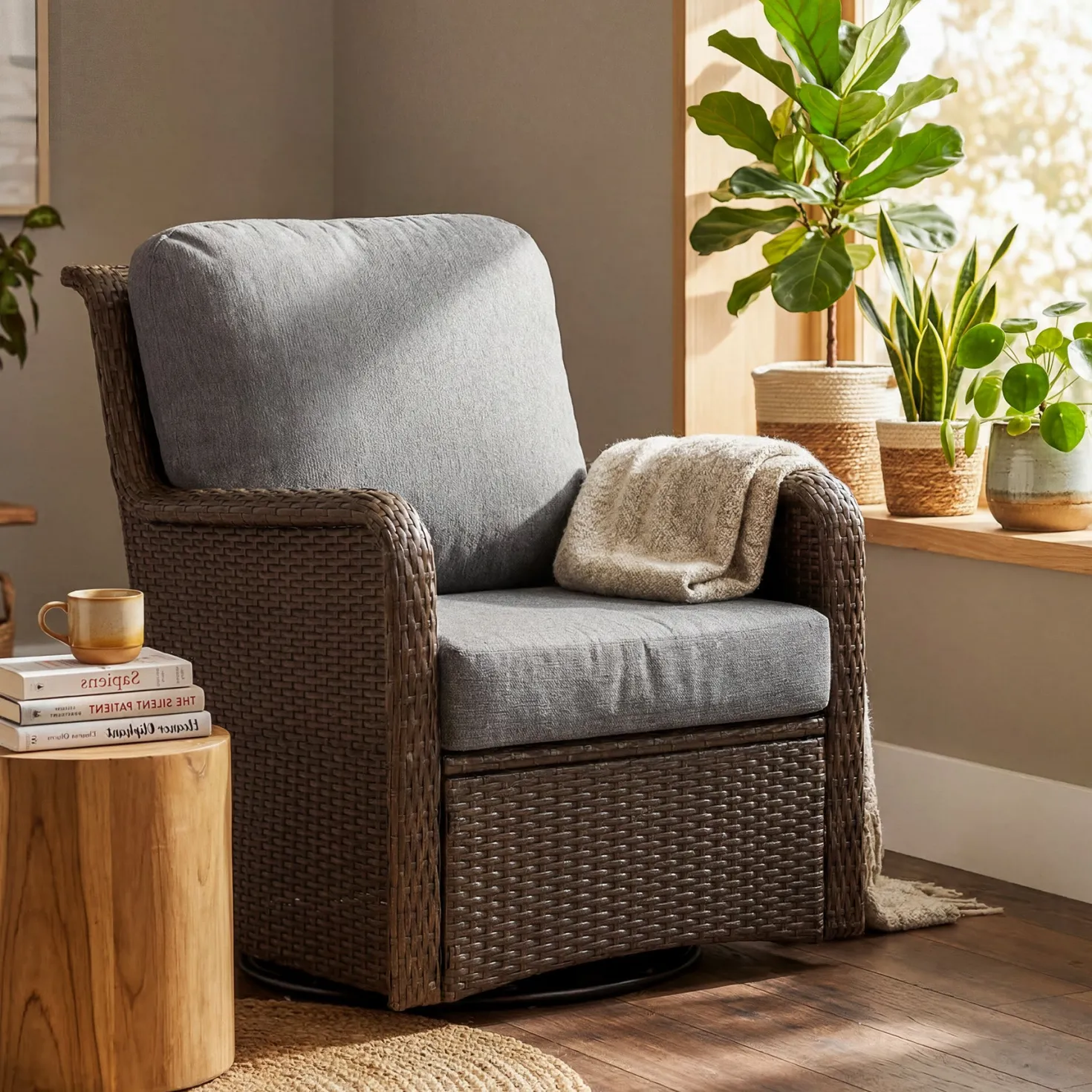 29.53" Outdoor Wicker Swivel Chair, Patio Rattan Rocking Chair with Thick Gray Cushions