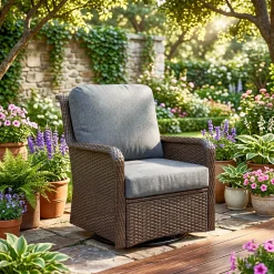 29.53" Outdoor Wicker Swivel Chair, Patio Rattan Rocking Chair with Thick Gray Cushions