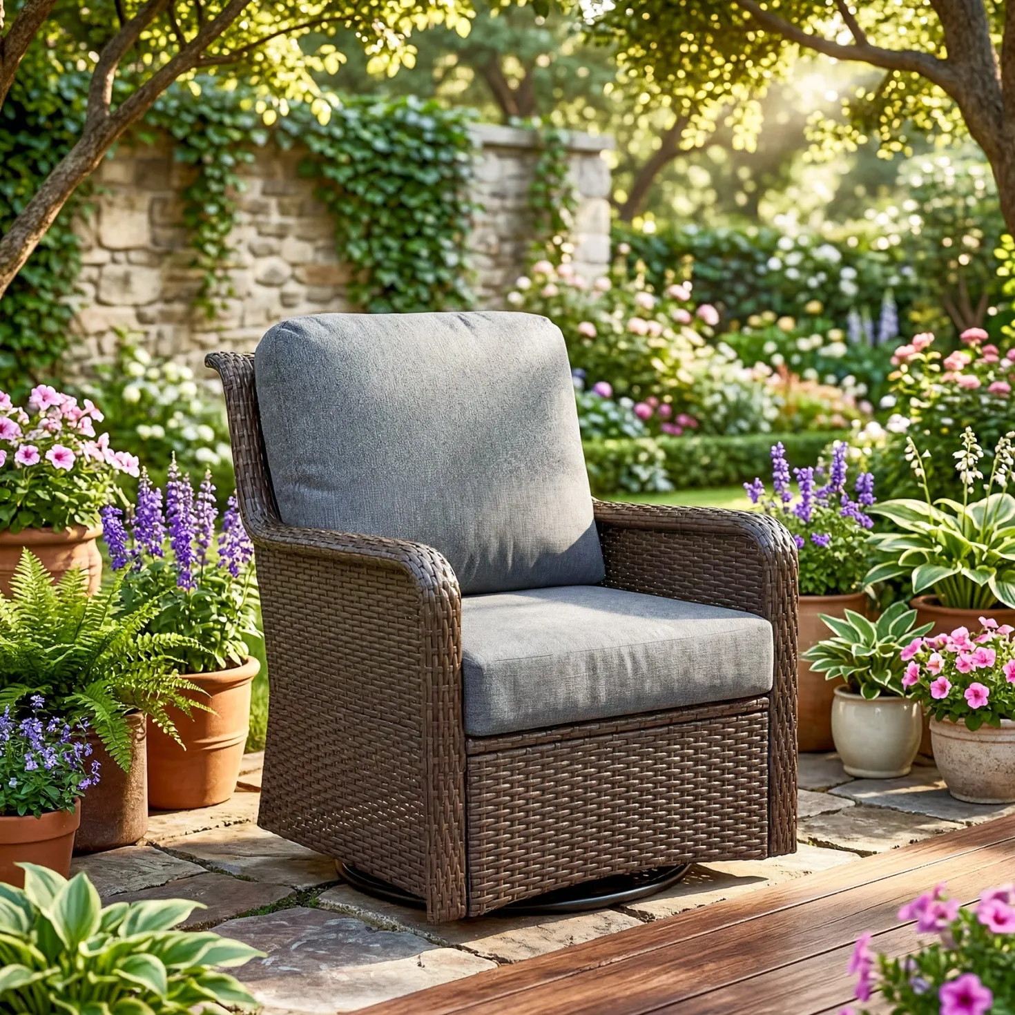 29.53" Outdoor Wicker Swivel Chair, Patio Rattan Rocking Chair with Thick Gray Cushions