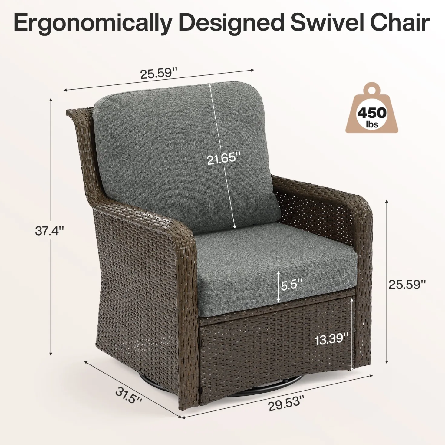 29.53" Outdoor Wicker Swivel Chair, Patio Rattan Rocking Chair with Thick Gray Cushions