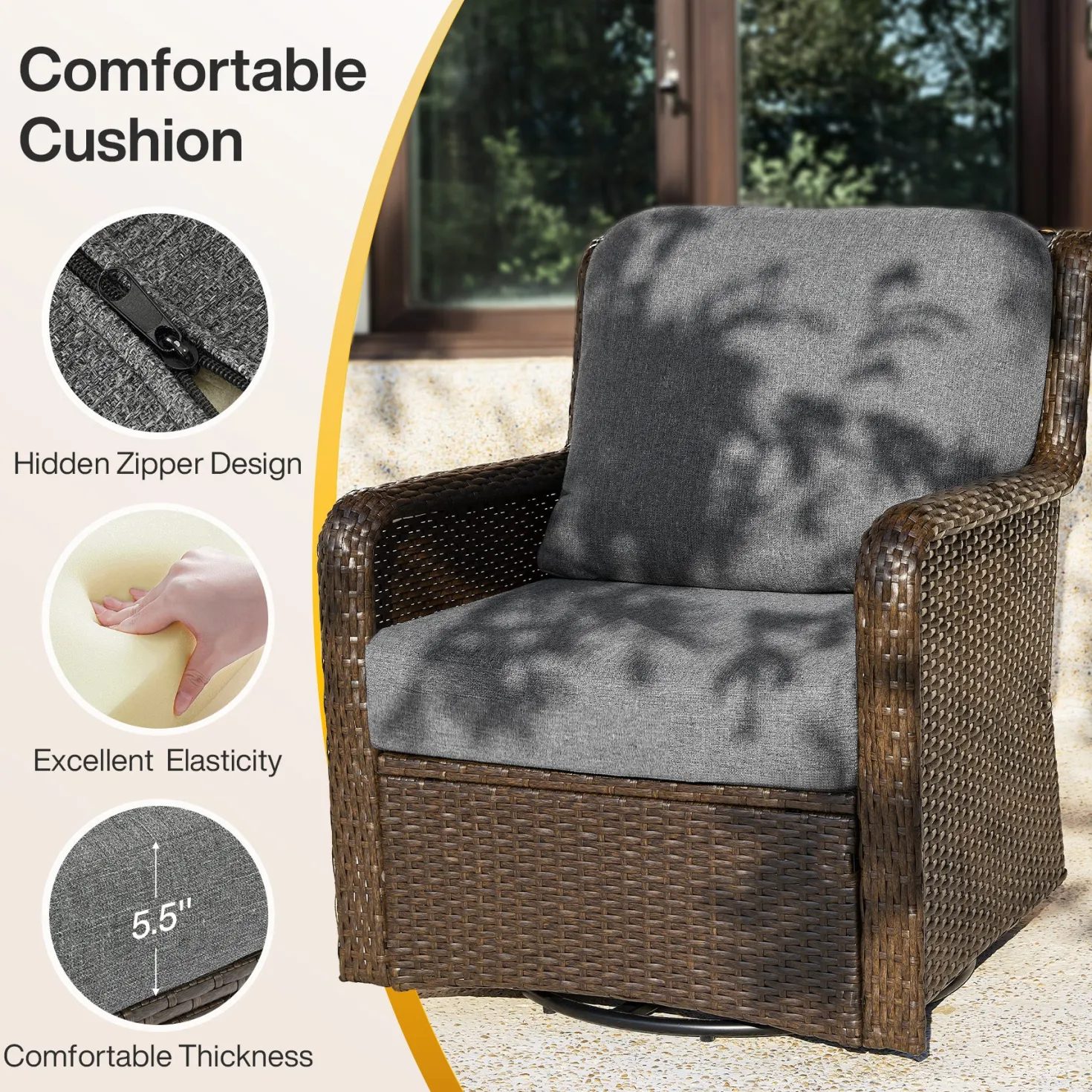 29.53" Outdoor Wicker Swivel Chair, Patio Rattan Rocking Chair with Thick Gray Cushions