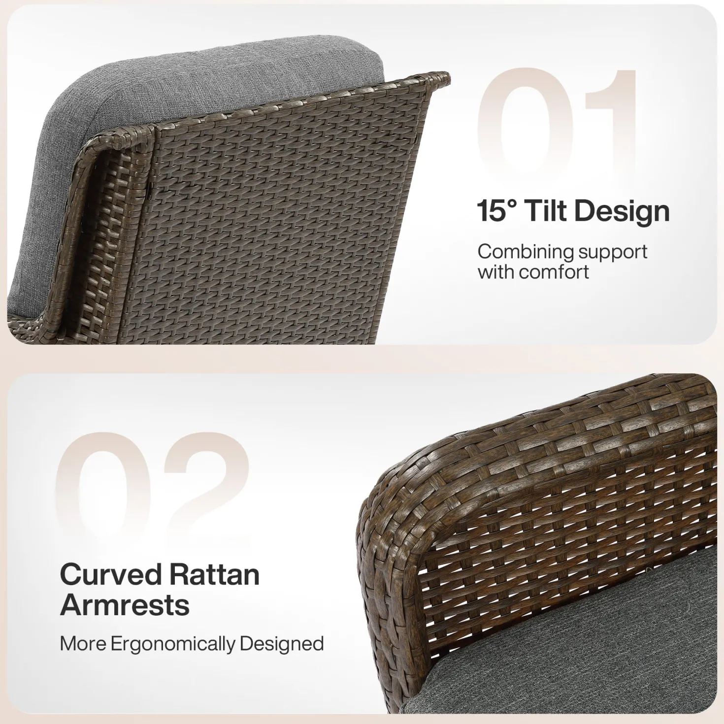 29.53" Outdoor Wicker Swivel Chair, Patio Rattan Rocking Chair with Thick Gray Cushions