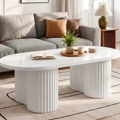 47" Oval Coffee Table with Fluted Base, Modern White Center Table for Living Room, Bedroom & Office