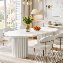 63" Oval Dining Table For 4-6, Modern Kitchen Table With Fluted Wooden Base