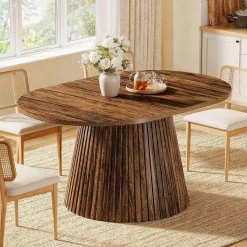 59" Oval Dining Table, Wooden Kitchen Dinner Table with Heavy Pedestal for 4-6 People