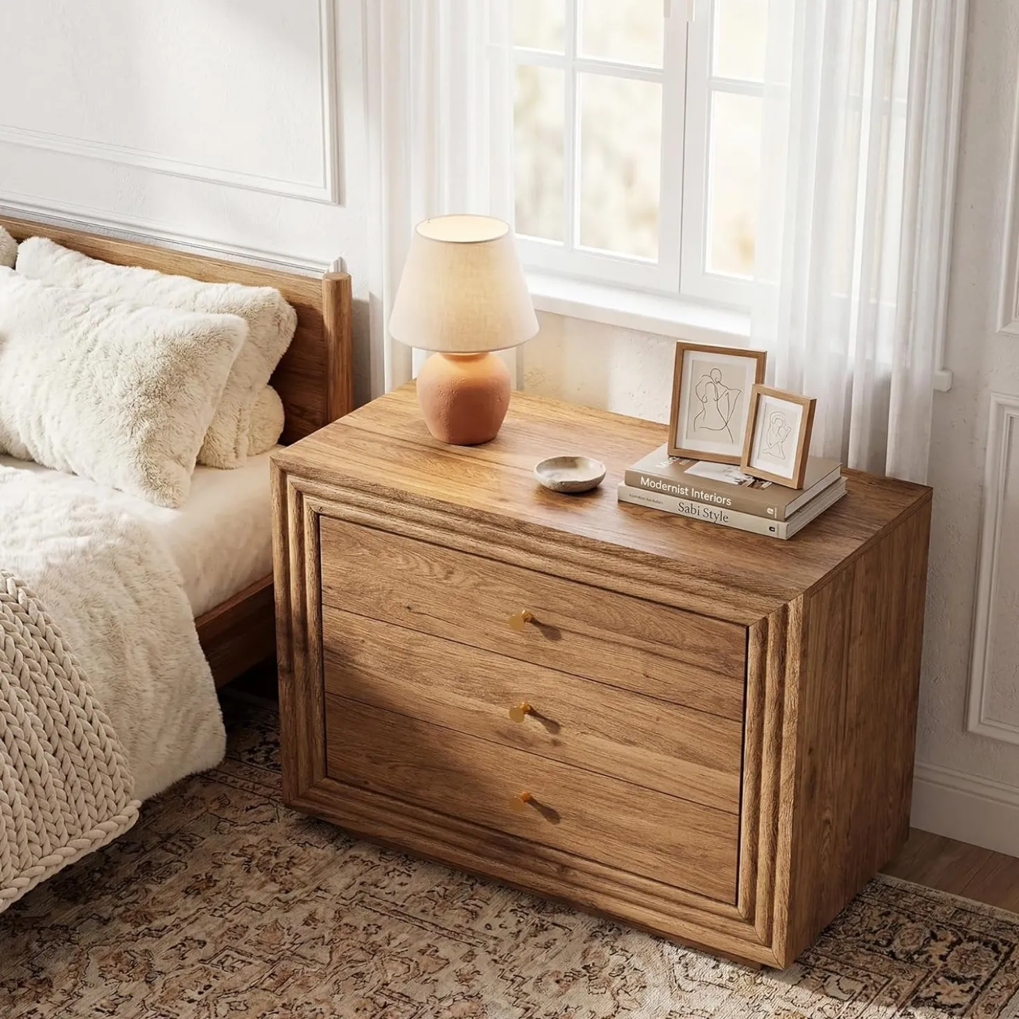 31.5" Oversized Nightstand, Farmhouse Bedside Table with 3 Drawers