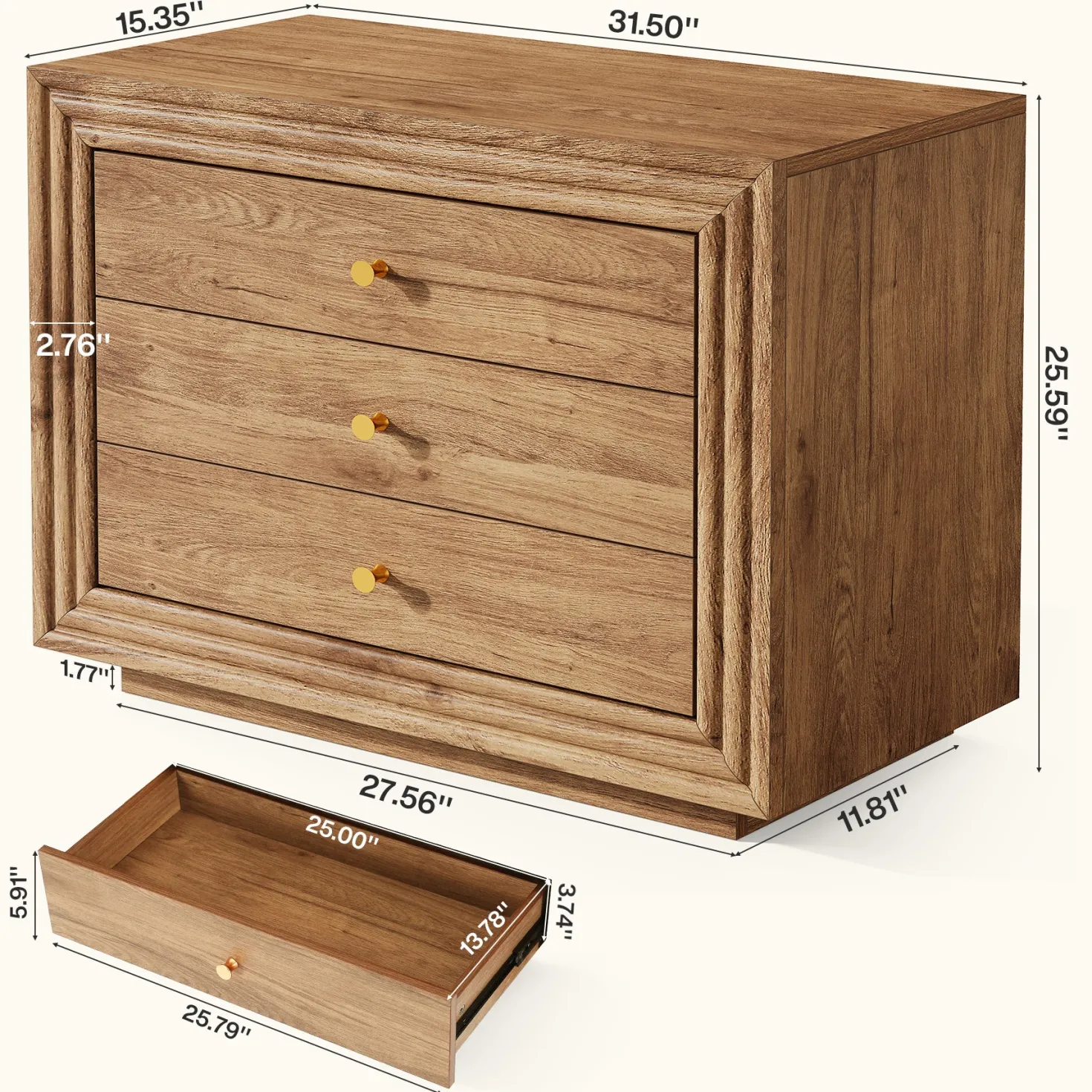 31.5" Oversized Nightstand, Farmhouse Bedside Table with 3 Drawers