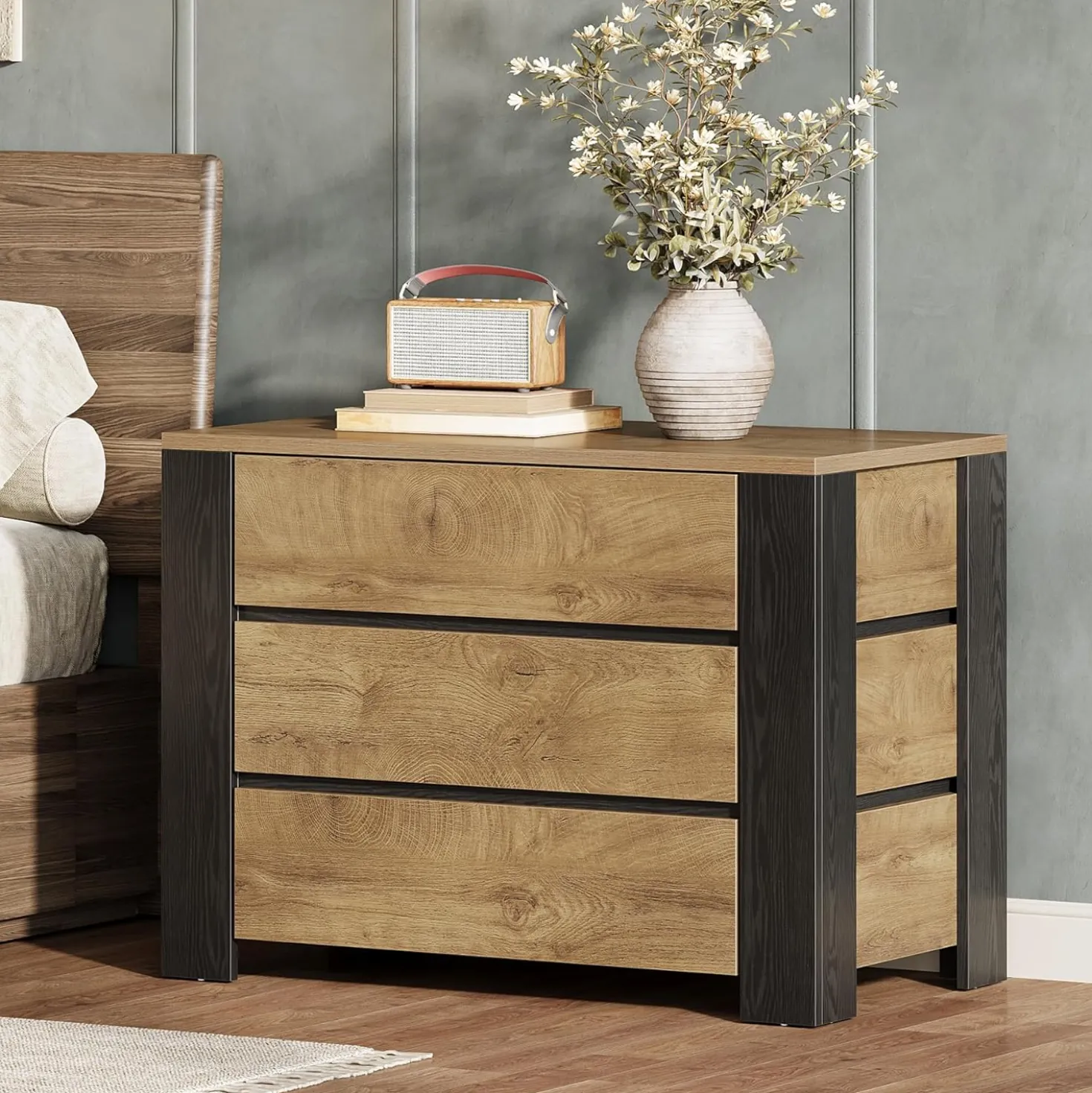 36" Oversized Nightstand, Large Bedside Table with 3 Drawers Storage