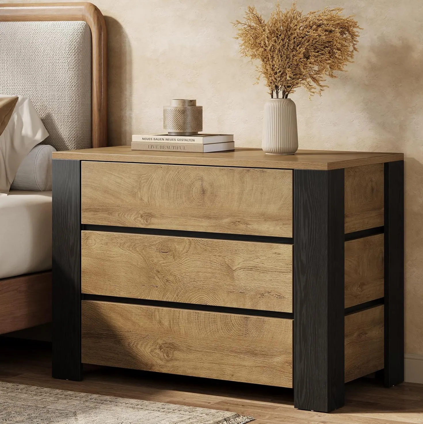 36" Oversized Nightstand, Large Bedside Table with 3 Drawers Storage
