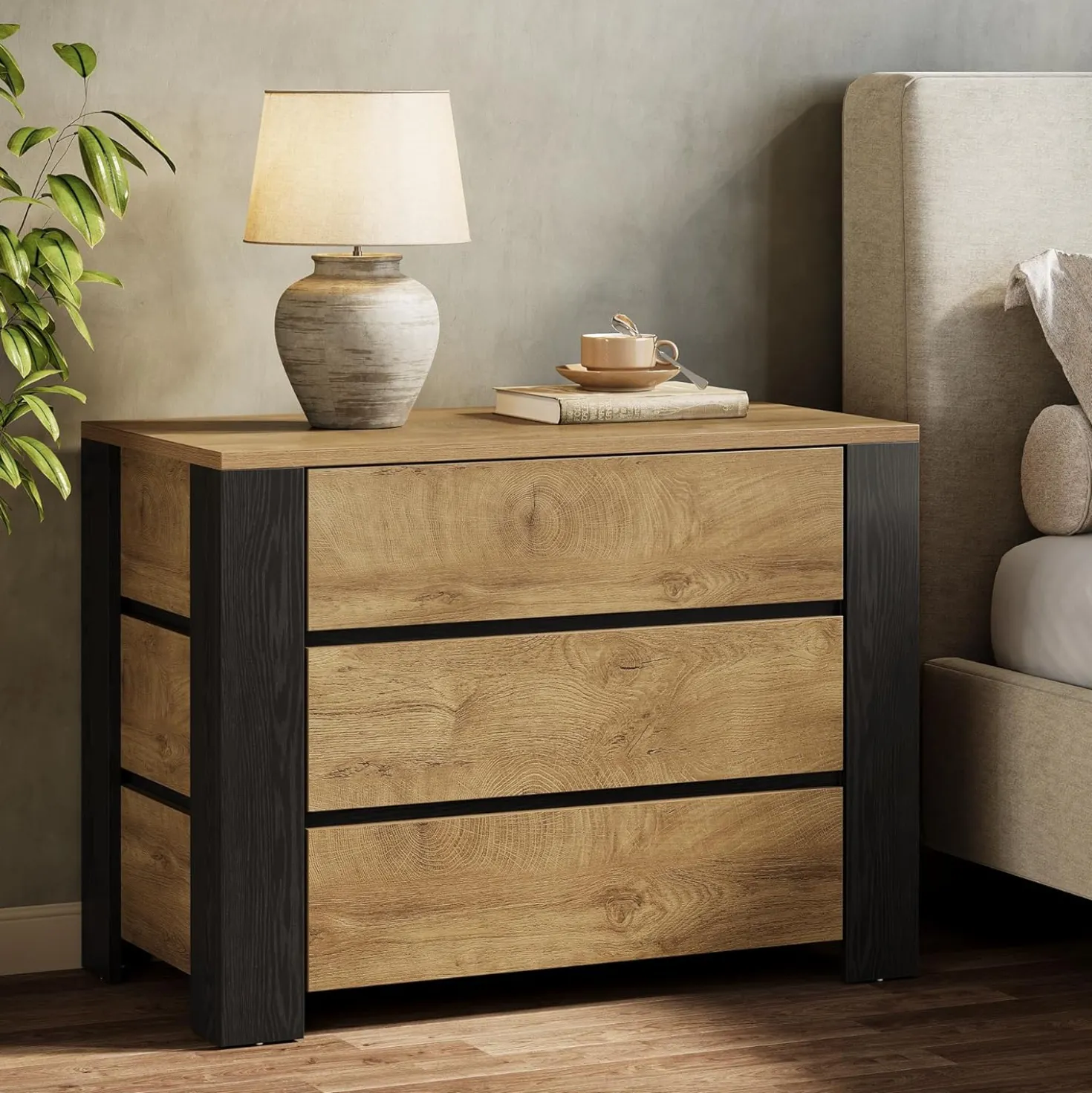 36" Oversized Nightstand, Large Bedside Table with 3 Drawers Storage