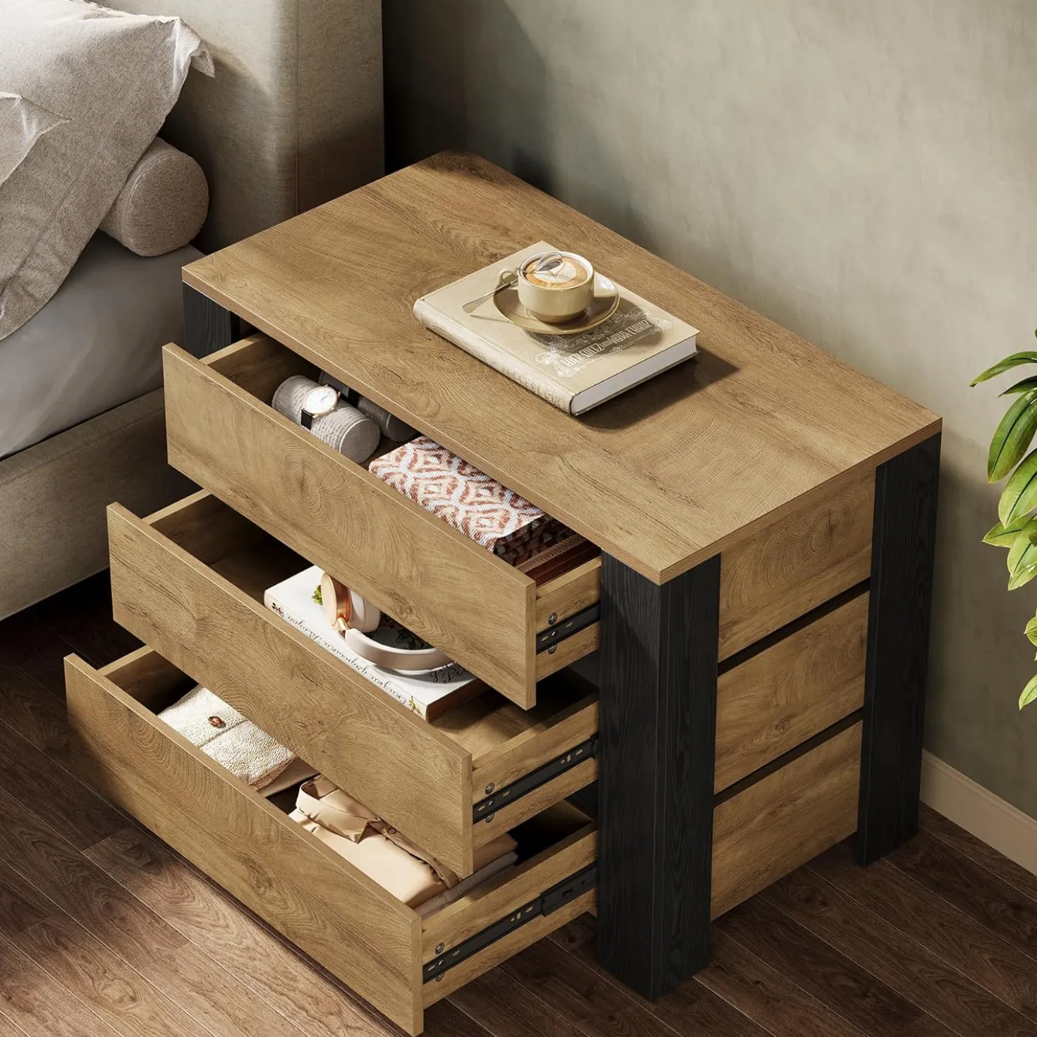 36" Oversized Nightstand, Large Bedside Table with 3 Drawers Storage