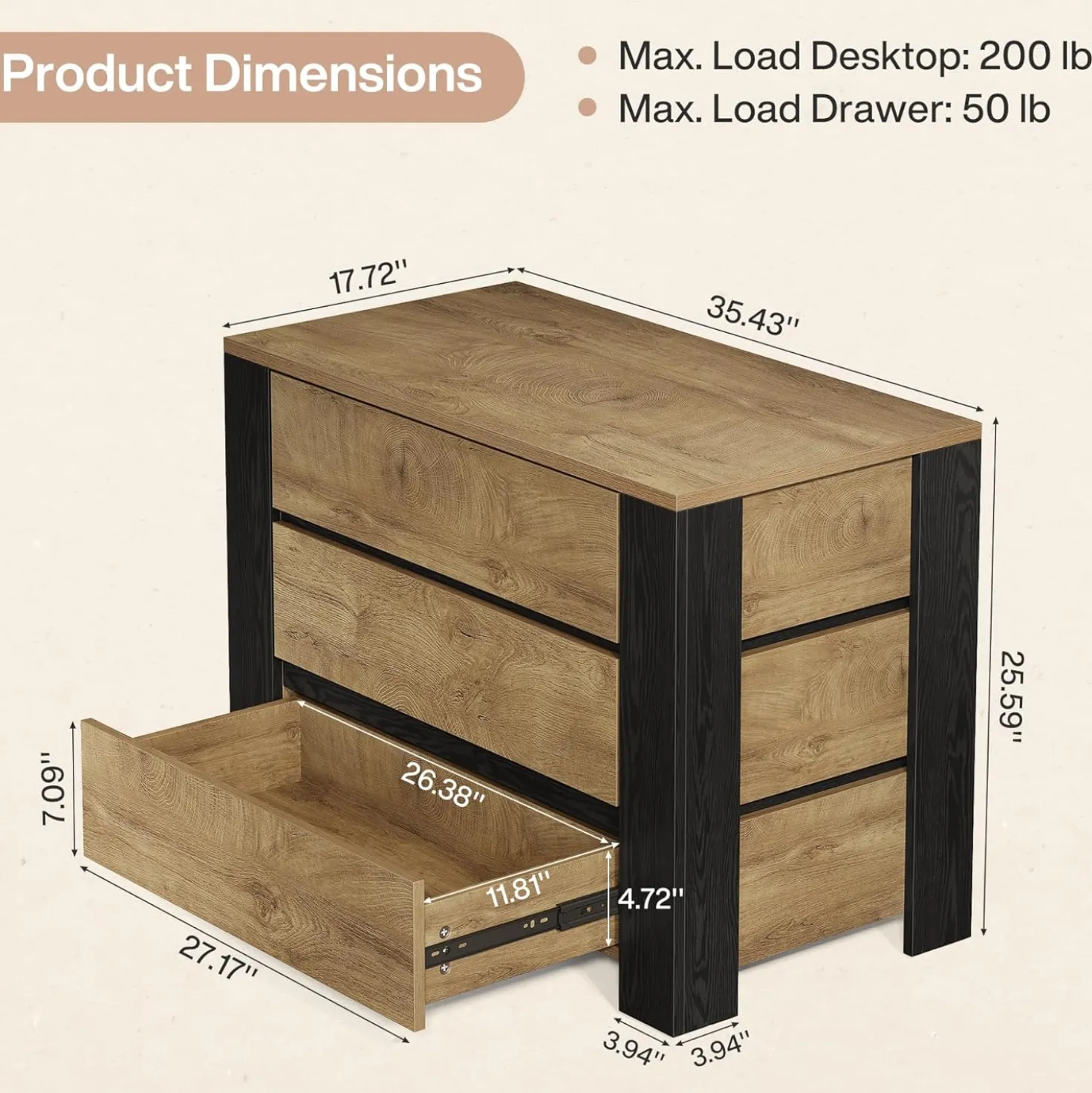 36" Oversized Nightstand, Large Bedside Table with 3 Drawers Storage