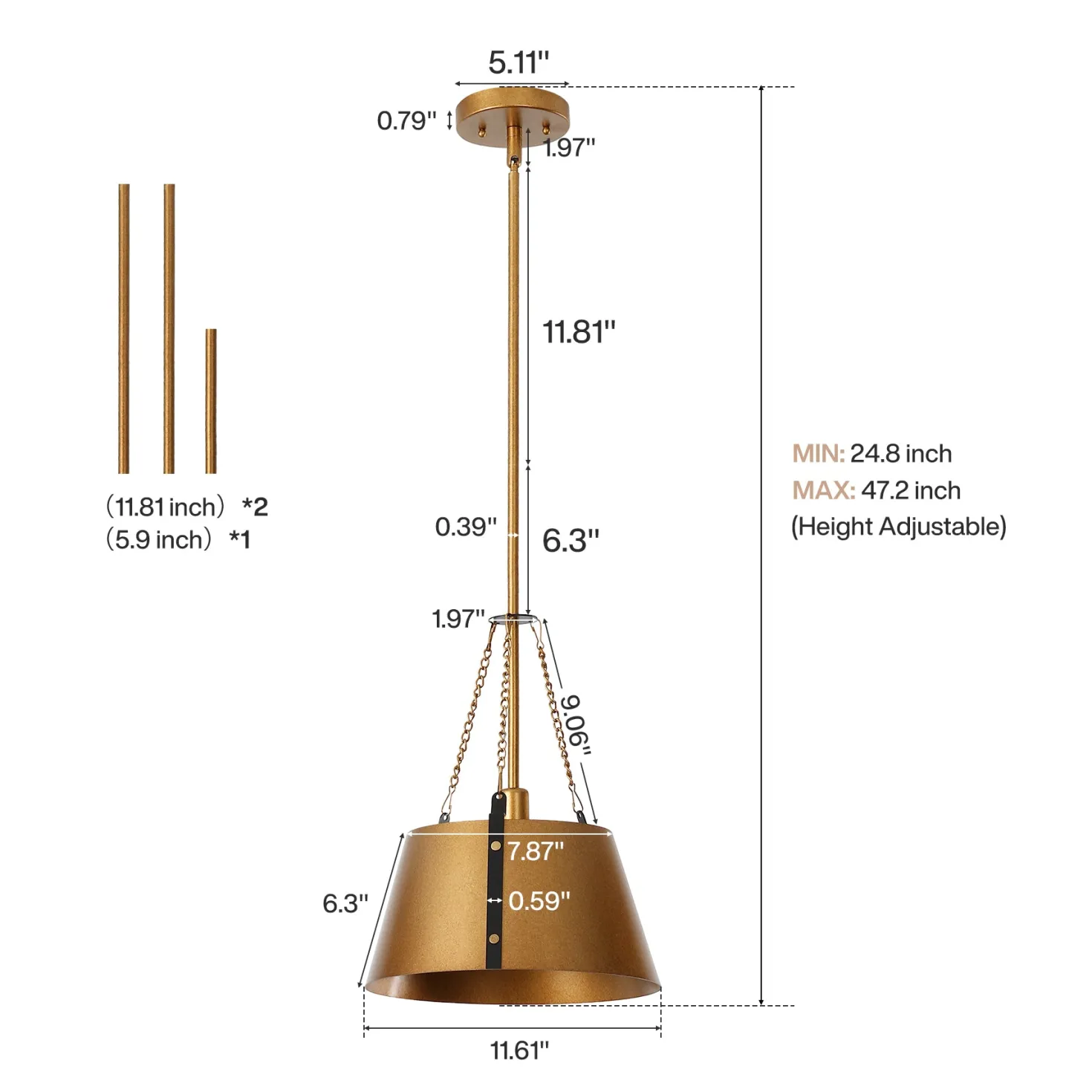 11.6" Pendant Lights, 1-Light Industrial Drum Chandelier with Adjustable Height