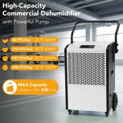 240 Pints Commercial Dehumidifier with Pump & Drain Hose for Up to 8000 Sq. Ft Large Spaces, Auto Defrost