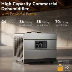 70 Pints Commercial Dehumidifier with Pump & Drain Hose for 1000 Sq. Ft, Auto Defrost, Washable Filter