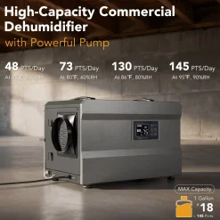 145 Pints Commercial Dehumidifier with Pump & Drain Hose for 1600 Sq. Ft, Auto Defrost, Washable Filter