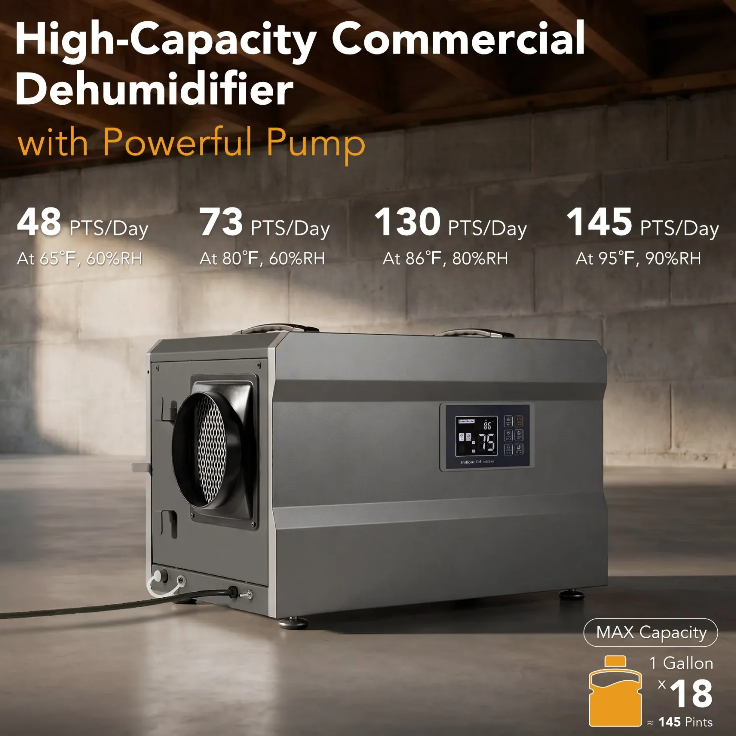145 Pints Commercial Dehumidifier with Pump & Drain Hose for 1600 Sq. Ft, Auto Defrost, Washable Filter