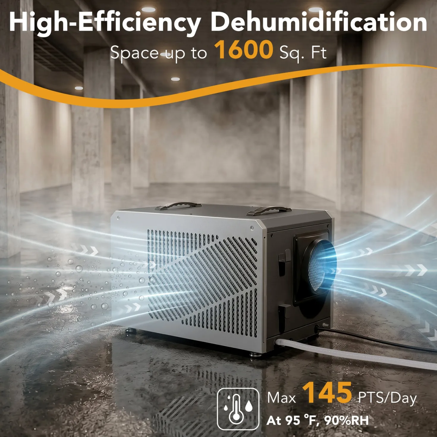 145 Pints Commercial Dehumidifier with Pump & Drain Hose for 1600 Sq. Ft, Auto Defrost, Washable Filter