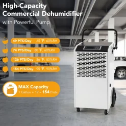 154 Pints Commercial Dehumidifier with Pump & Drain Hose for Up to 7000 Sq. Ft Large Spaces, Auto Defrost