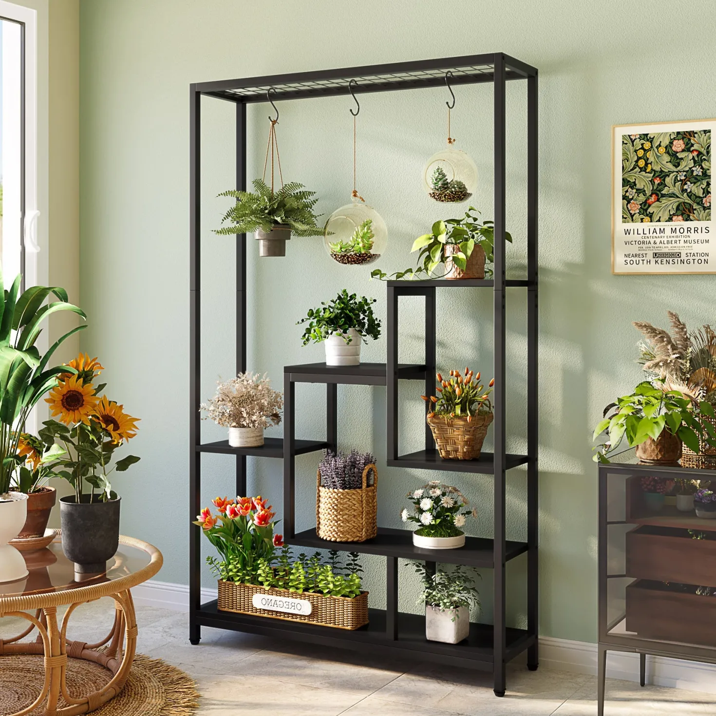 70.9" Plant Stand, Large Flower Bonsai Shelf with 6 S Hanging Hooks