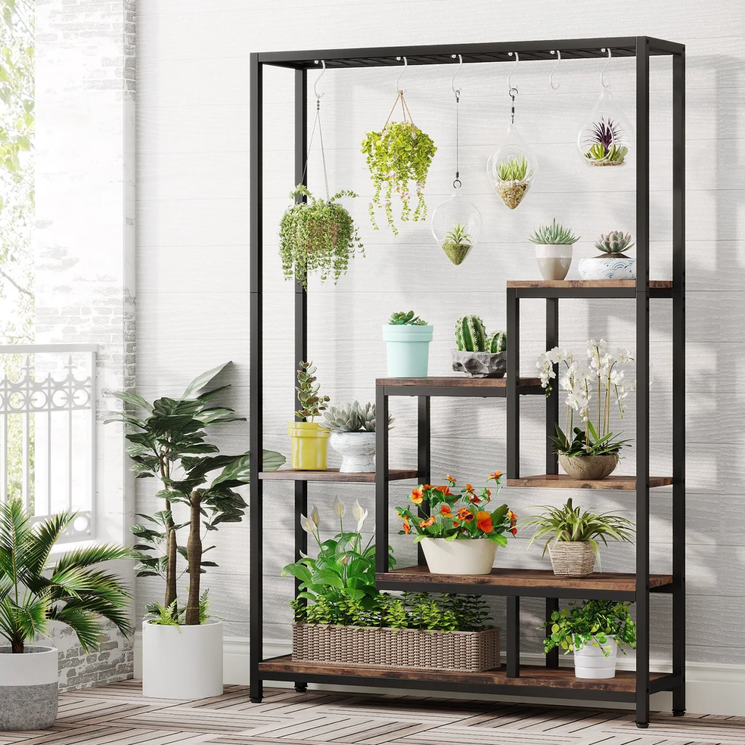 70.9" Plant Stand, Large Flower Bonsai Shelf with 6 S Hanging Hooks