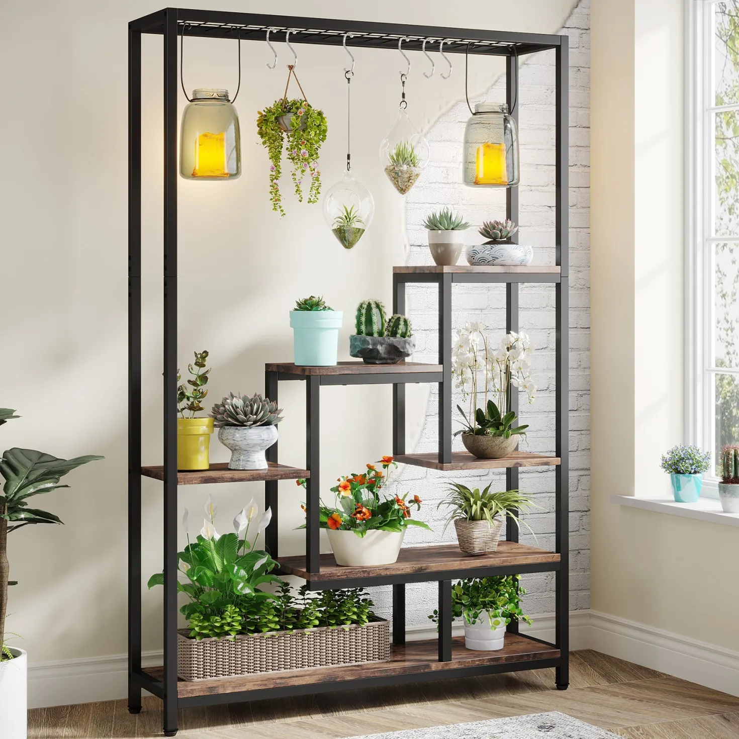 70.9" Plant Stand, Large Flower Bonsai Shelf with 6 S Hanging Hooks