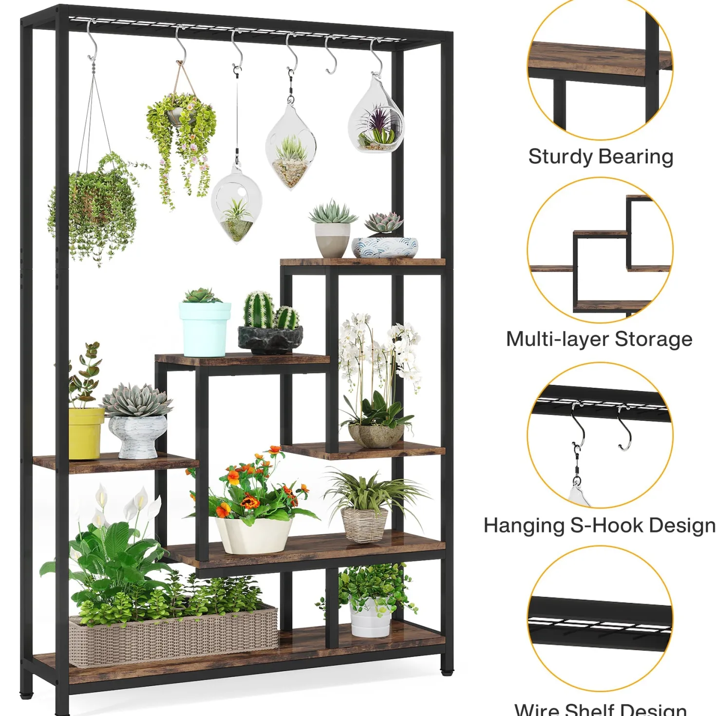 70.9" Plant Stand, Large Flower Bonsai Shelf with 6 S Hanging Hooks