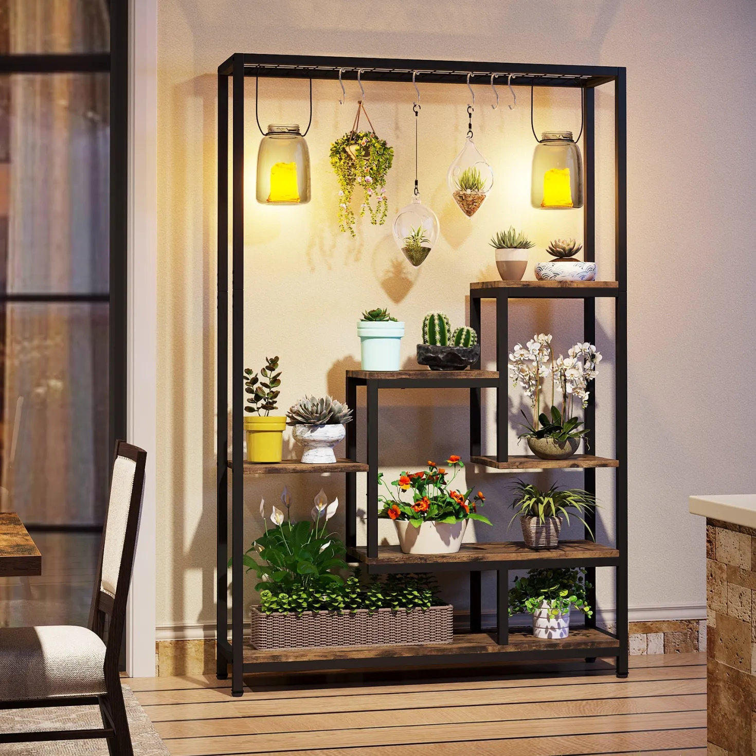 70.9" Plant Stand, Large Flower Bonsai Shelf with 6 S Hanging Hooks