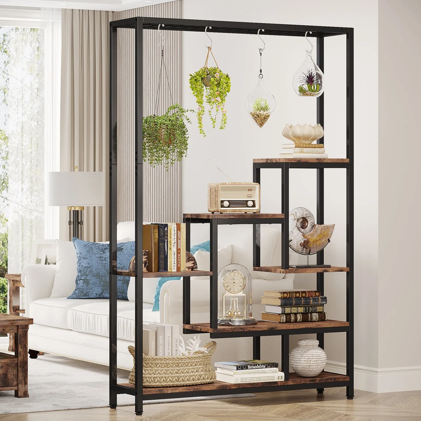 70.9" Plant Stand, Large Flower Bonsai Shelf with 6 S Hanging Hooks