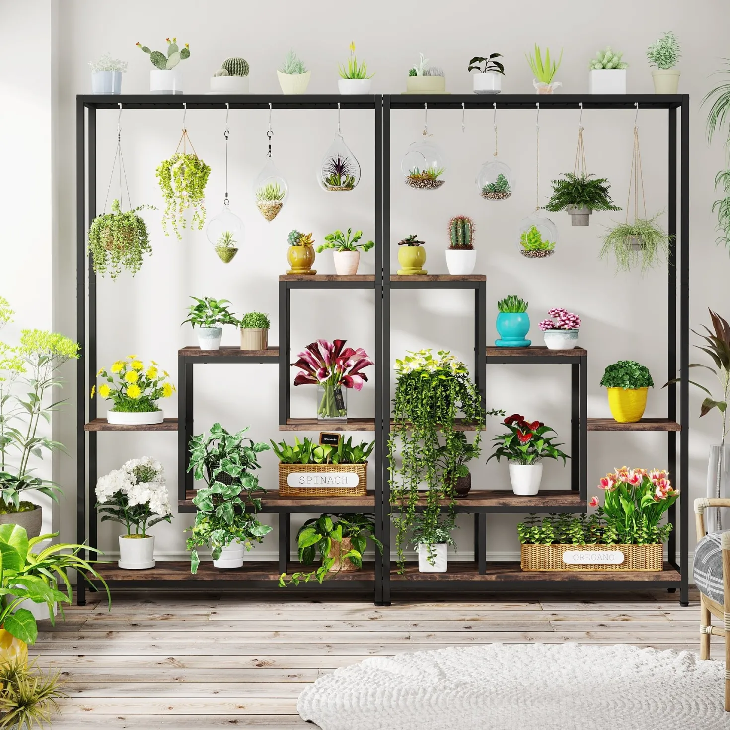 70.9" Plant Stand, Large Flower Bonsai Shelf with 6 S Hanging Hooks