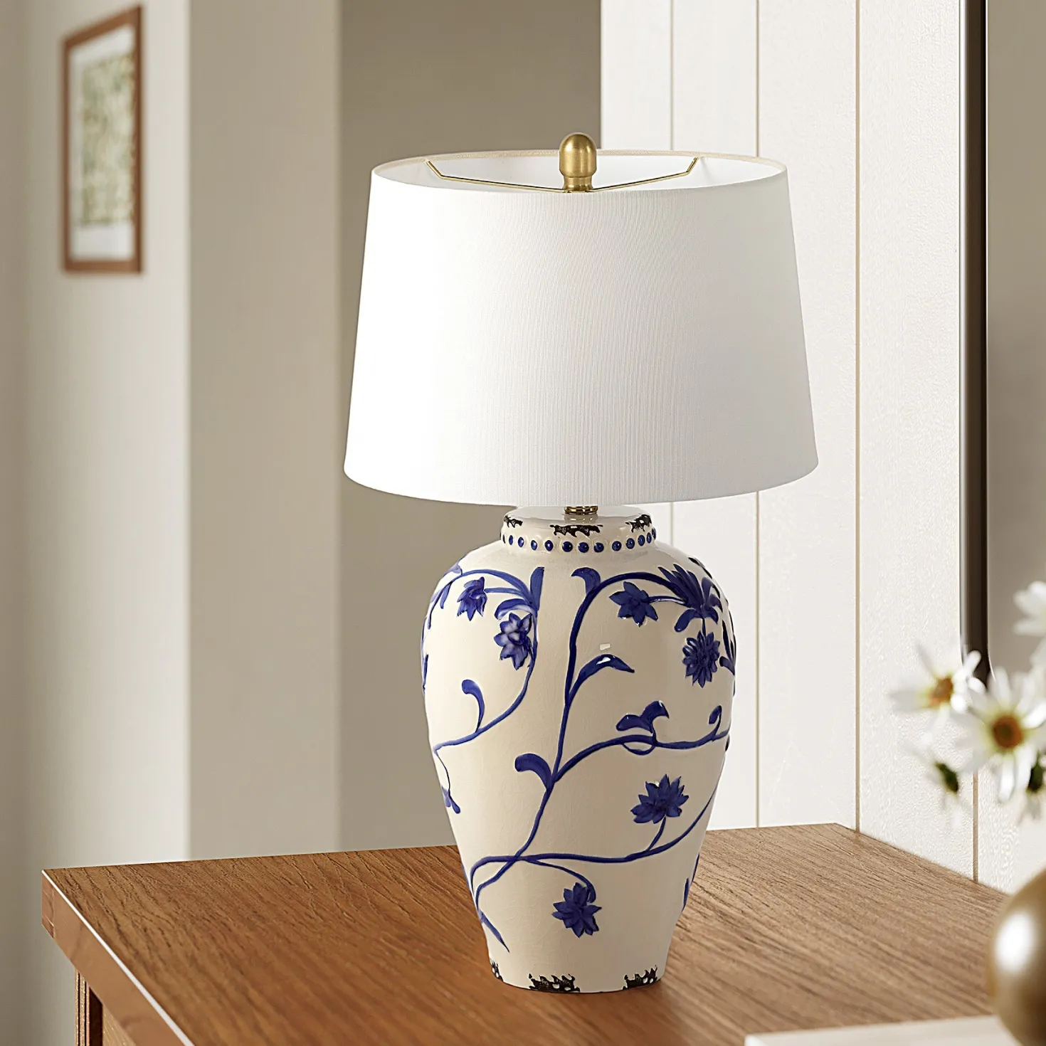 26" Porcelain Table Lamp, Lighting Fixtures with Patterned Decorative Bases