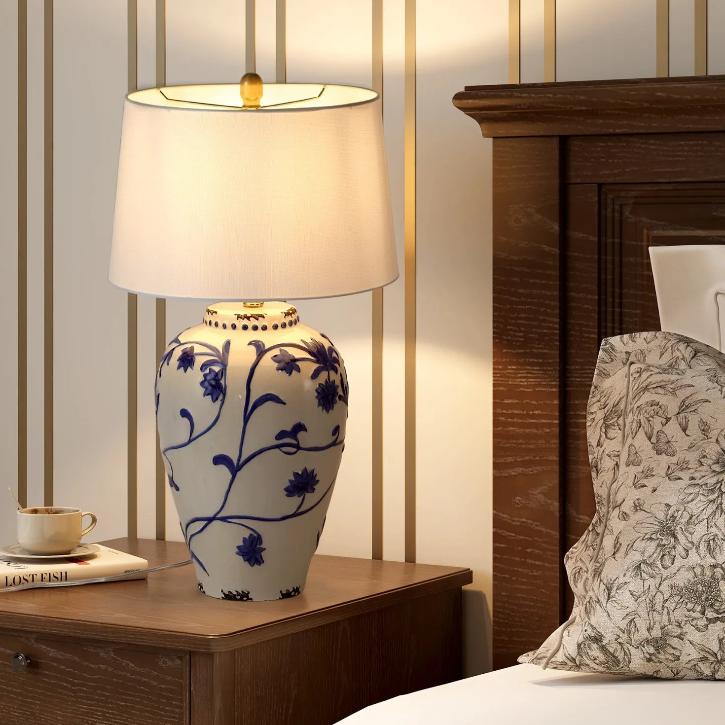 26" Porcelain Table Lamp, Lighting Fixtures with Patterned Decorative Bases