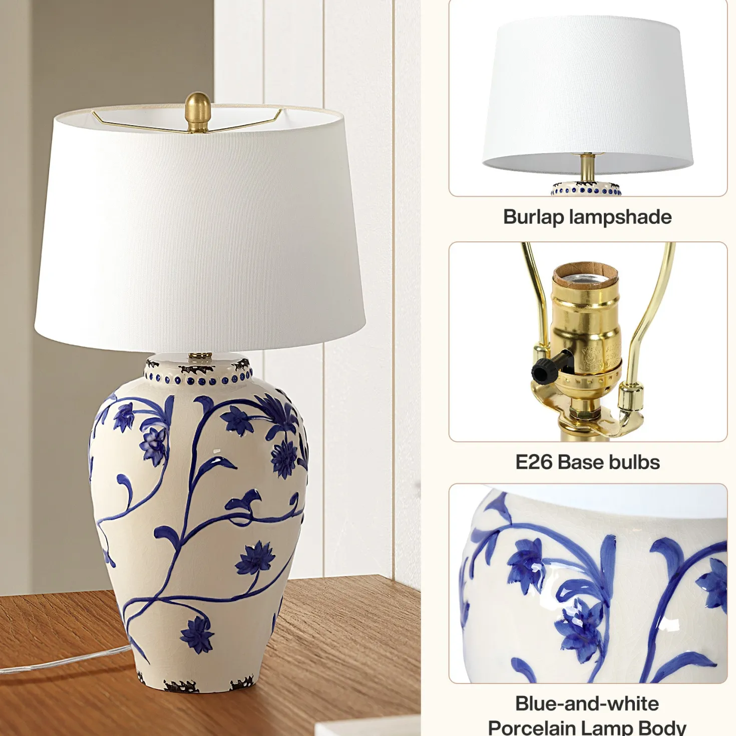 26" Porcelain Table Lamp, Lighting Fixtures with Patterned Decorative Bases