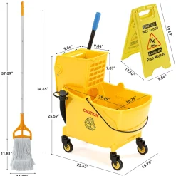 38 Qt Commercial Mop Bucket Set with Wringer, String Mop, Mop Head Refill, Gloves & Caution Sign