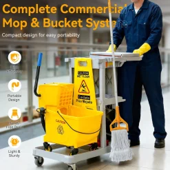 38 Qt Commercial Mop Bucket Set with Wringer, String Mop, Mop Head Refill, Gloves & Caution Sign