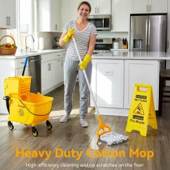 38 Qt Commercial Mop Bucket Set with Wringer, String Mop, Mop Head Refill, Gloves & Caution Sign