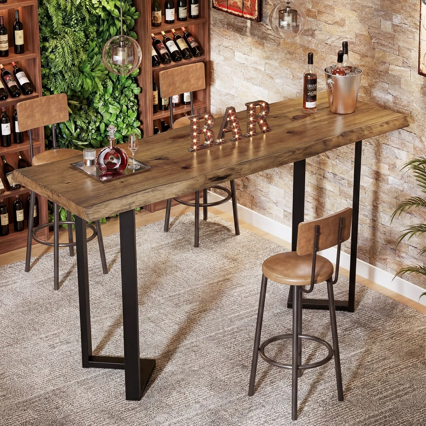 63" Rectangle Bar Table, Solid Wood Counter Height Pub Table Bar Unit