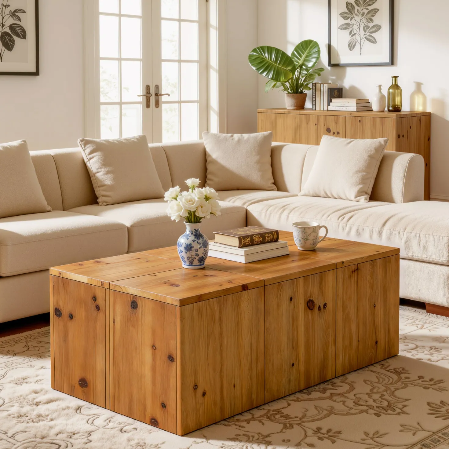 47" Rectangle Coffee Table, Solid Wood Center Table with Natural Wood Grain