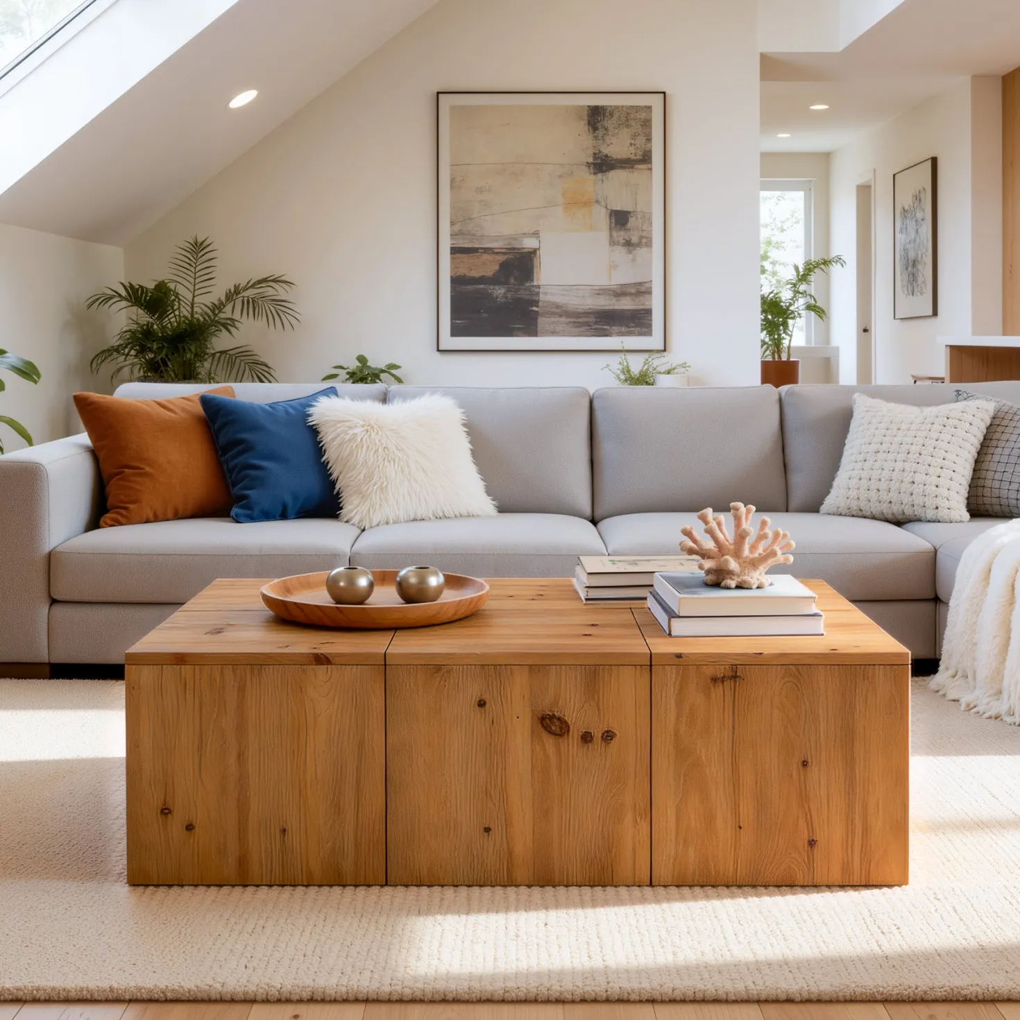 47" Rectangle Coffee Table, Solid Wood Center Table with Natural Wood Grain
