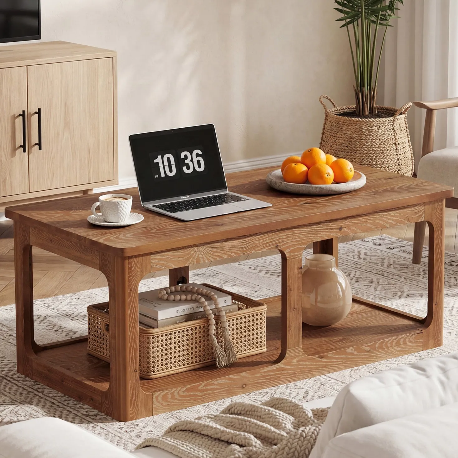 47.2" Rectangle Coffee Table, 2-Tier Solid Wood Center Table Cocktail Tea Table