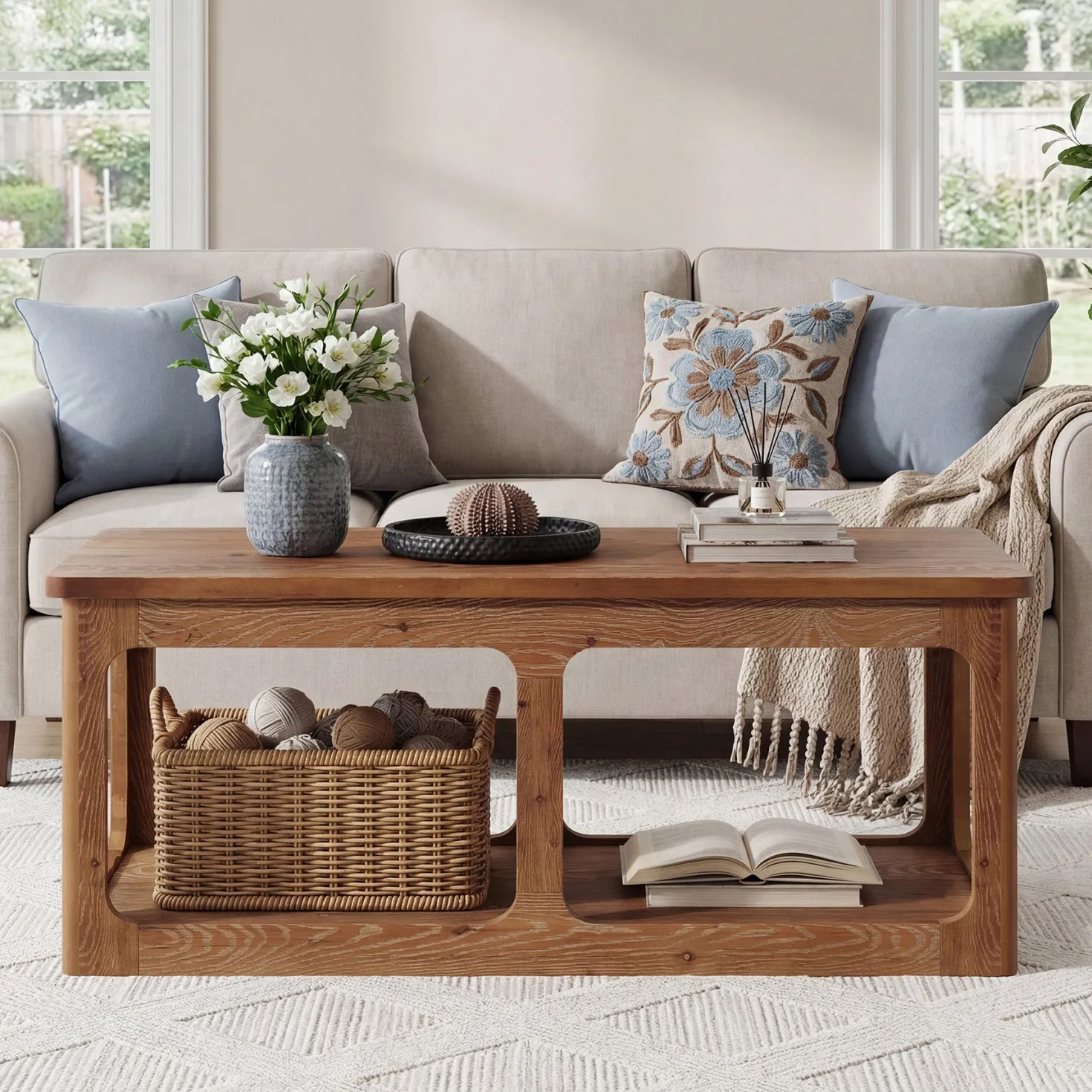 47.2" Rectangle Coffee Table, 2-Tier Solid Wood Center Table Cocktail Tea Table