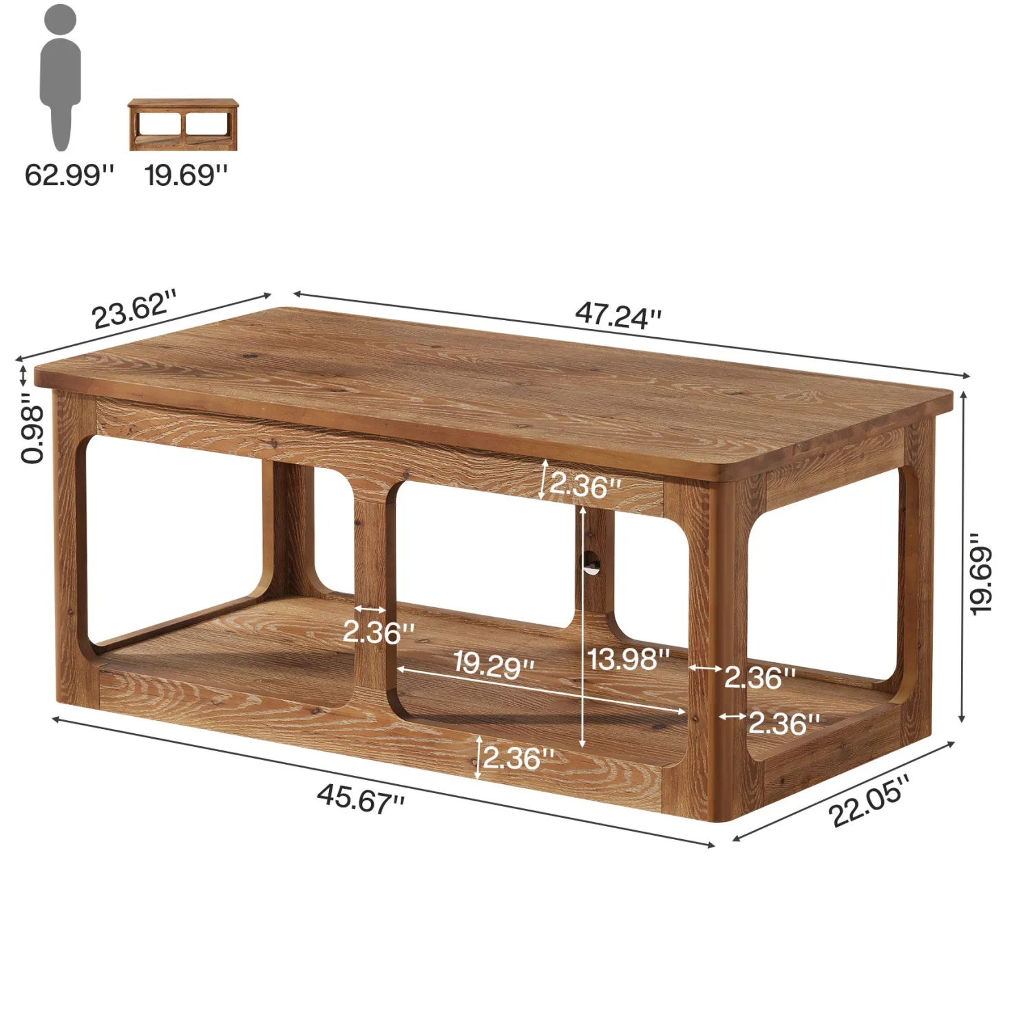 47.2" Rectangle Coffee Table, 2-Tier Solid Wood Center Table Cocktail Tea Table
