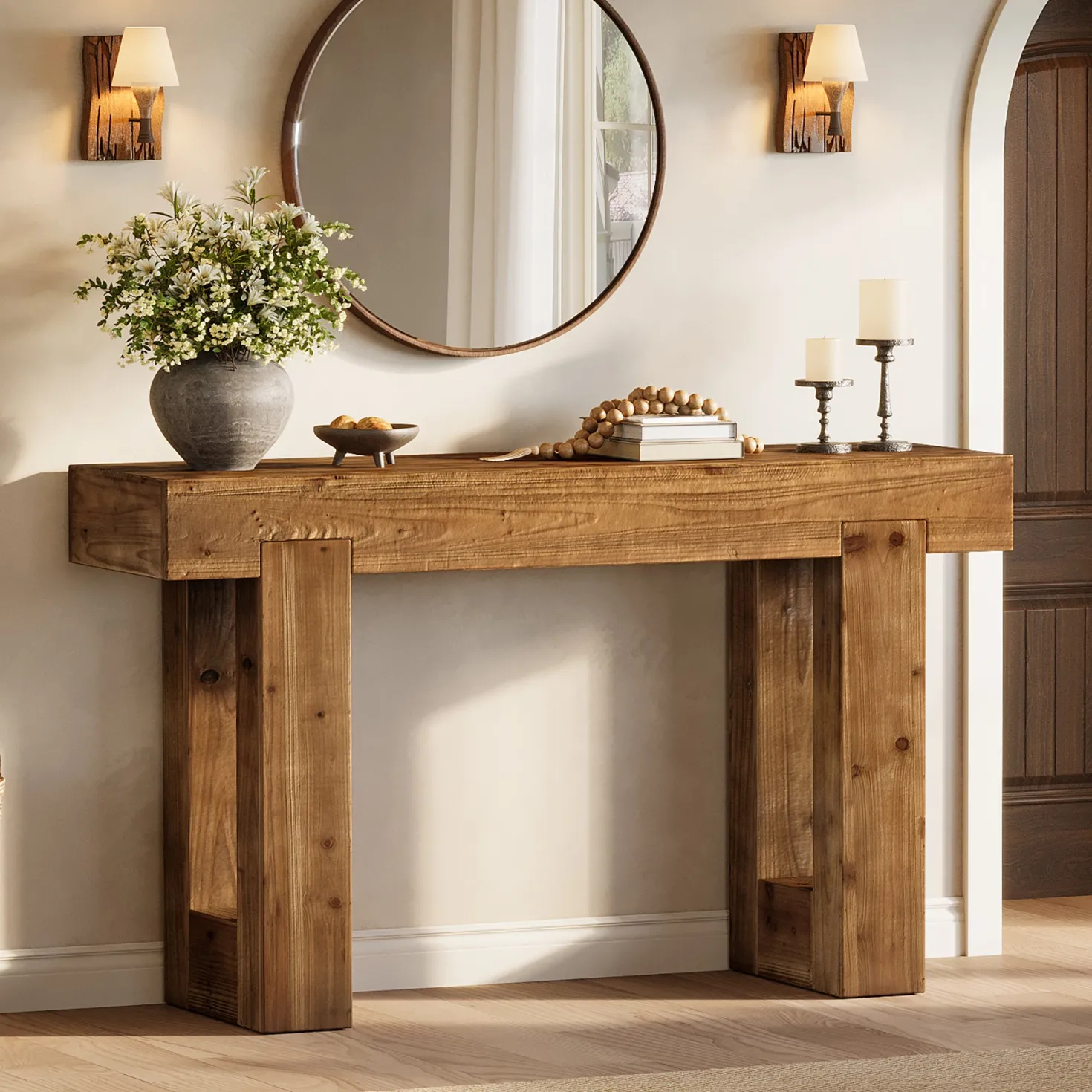 55" Rectangle Console Table, Farmhouse Solid Wood Sofa Table Entryway Furniture