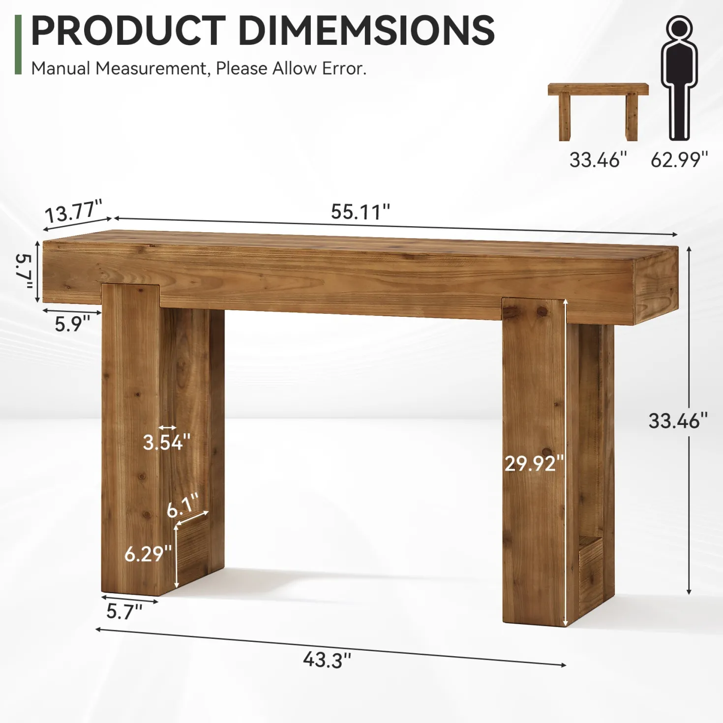 55" Rectangle Console Table, Farmhouse Solid Wood Sofa Table Entryway Furniture
