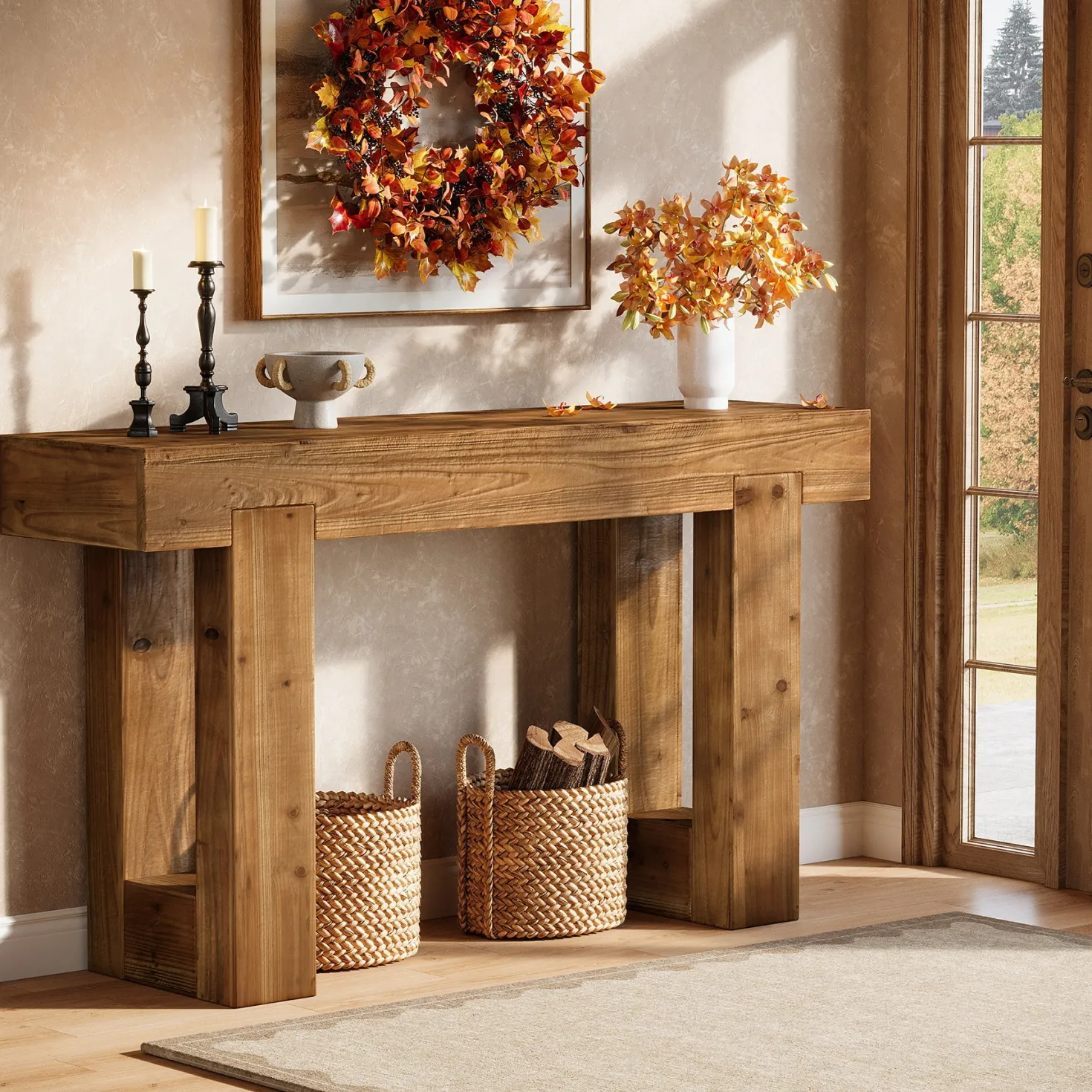 55" Rectangle Console Table, Farmhouse Solid Wood Sofa Table Entryway Furniture