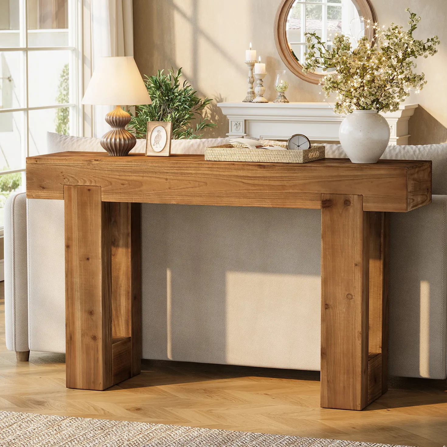 55" Rectangle Console Table, Farmhouse Solid Wood Sofa Table Entryway Furniture